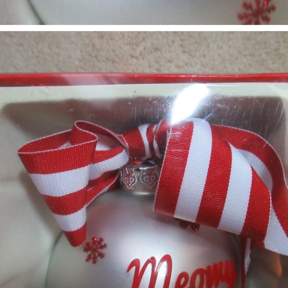 2 ornaments. Meowy Christmas kitty cat themed Holiday ornament w bow w stripes - Picture 9 of 14
